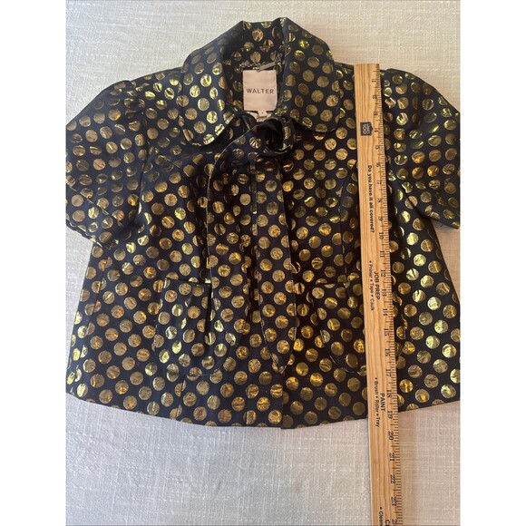 WALTER Cropped Button Tie Blazer Navy With Gold Metallic Polka Dots Women’s Sz 8 - Picture 10 of 11